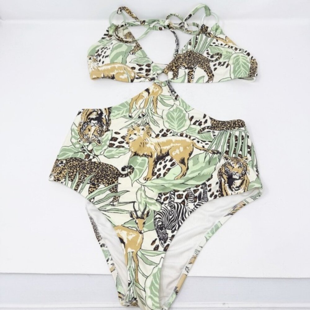 Aerie Cheeky Tropical Animal Print One Piece Cut Outs V-Neck Zoo Animals - Picture 2 of 6
